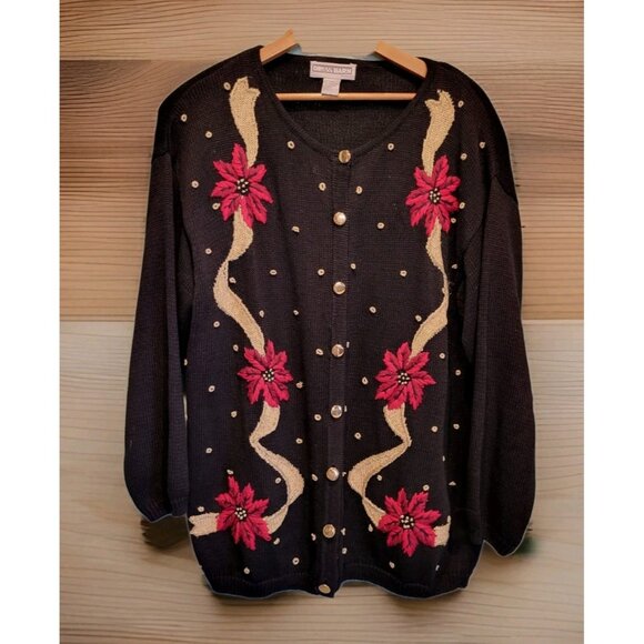 Vtg DressBarn Black Gold Red Embroidered Pointsetta Holiday Cardigan Sweater 24 - Picture 1 of 7